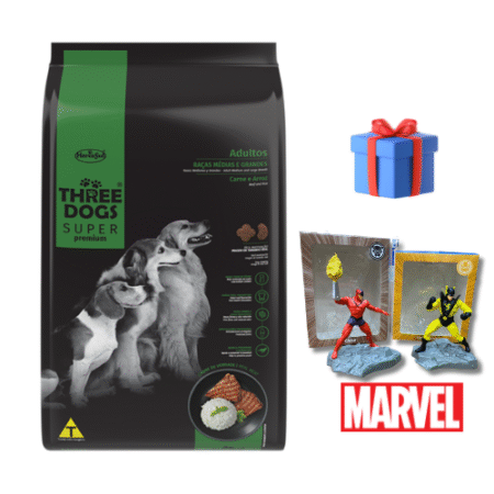 THREE DOGS Adulto – Razas Medianas y grandes 15+2kg + Figura de acción de Marvel