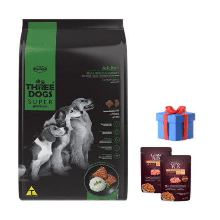 THREE DOGS Adulto – Razas Medianas y grandes 15+2kg + Snacks