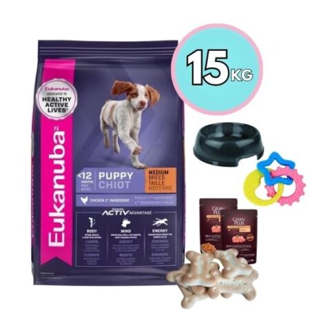 Eukanuba Cachorro Raza Mediana 15 KG + Plato, Juguete o Snacks