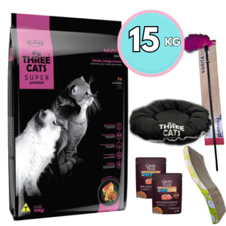 THREE CATS Super Premium 15kg – Adultos Salmón, Pollo y Carne + Regalo