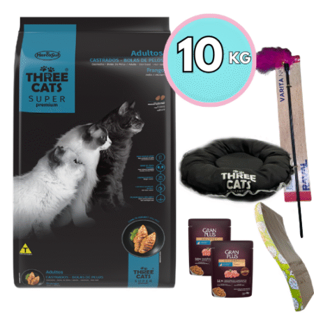 THREE CATS Super Premium – Castrados /Pollo Control Bolas de Pelos 10kg + Regalo