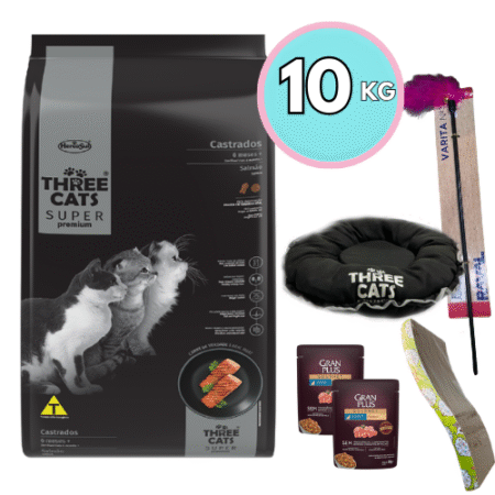 THREE CATS Super Premium – Castrados/ Salmón 10kg + Regalo