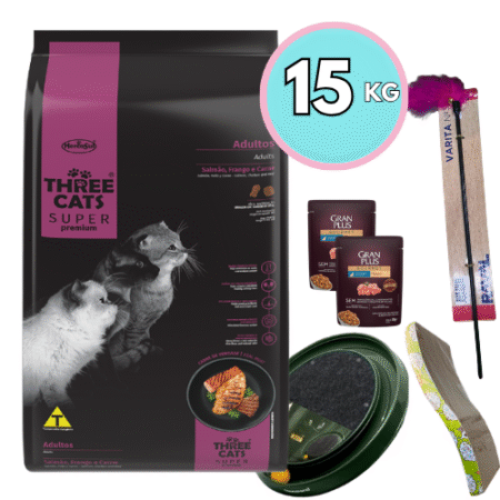 THREE CATS Super Premium 15kg – Adultos Salmón, Pollo y Carne + Regalo a elección