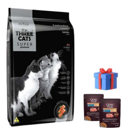 THREE CATS Super Premium – Castrados/ Salmón 10kg + Snacks