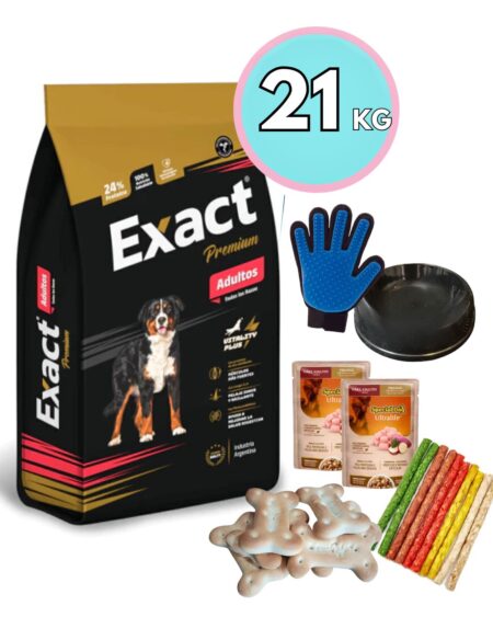 Exact Premium Perro Adulto 18+3kg + Plato, Manopla o Snacks