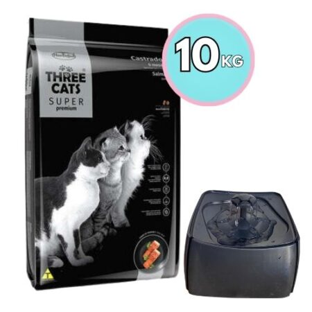 THREE CATS Super Premium – Castrados/ Salmón 10kg + Bebedero eléctrico