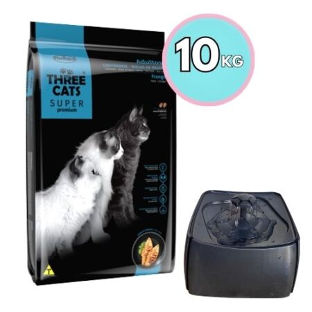 THREE CATS Super Premium – Castrados /Pollo Control Bolas de Pelos 10kg + Bebedero Eléctrico