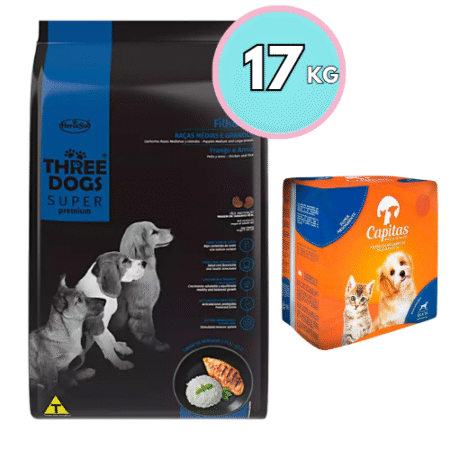 THREE DOGS Cachorro – Razas Medianas y grandes 15+2kg + Paquete Pañales Capitas 10 unidades