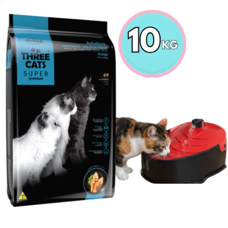 THREE CATS Super Premium – Castrados /Pollo Control Bolas de Pelos 10kg +  Bebedero tipo fuente