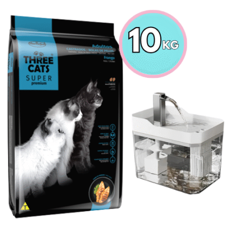 THREE CATS Super Premium – Castrados /Pollo Control Bolas de Pelos 10kg +  Bebedero tipo fuente